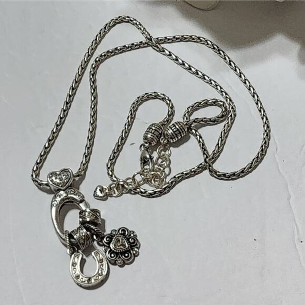 Brighton Silver‎ Horseshoe Flower Heart Multi Charm Necklace Pink Crystal Wheat